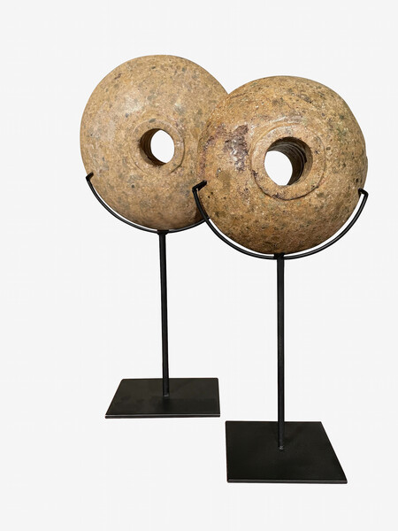 Contemporary Chinese Set of Two Stone Discs on Stands