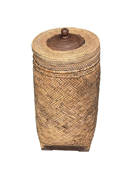 Contemporary Indonesian Tall Woven Wicker Lidded Basket