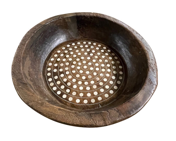 Contemporary Indian Round Wood Bowl with Bone Inlay