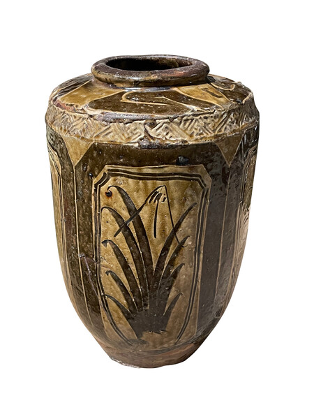 19thc Chinese Barrel Shaped Olive/Gold Glaze Vase