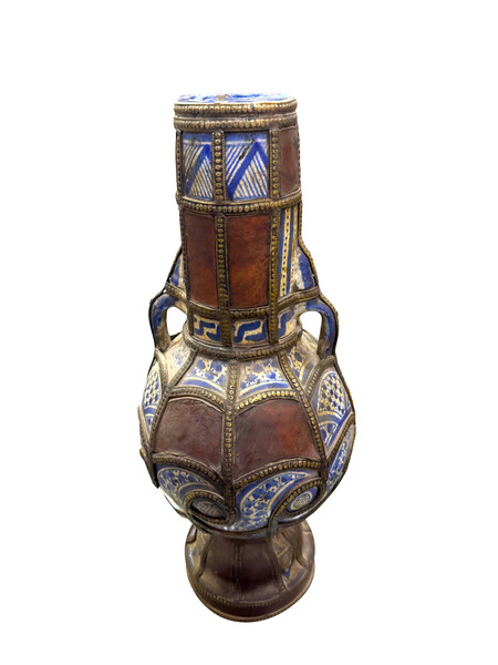 19thc Moroccan Pieced Painted &  Leather Pieces and Brass Trim Vase