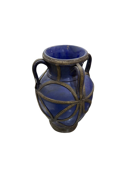 19thc Morocco Four Handle Pieced Cobalt Blue Vase