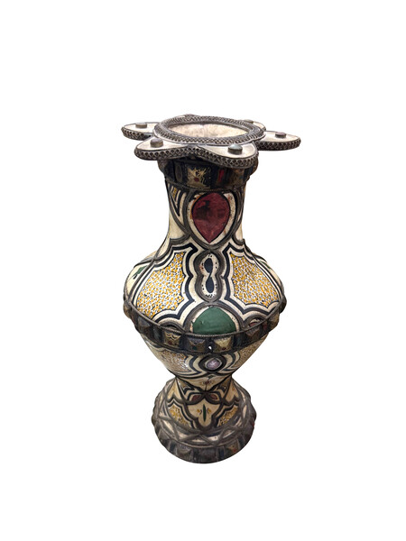 19thc Morocco  Vase with Geometric Design & Ornate Star Shape Top