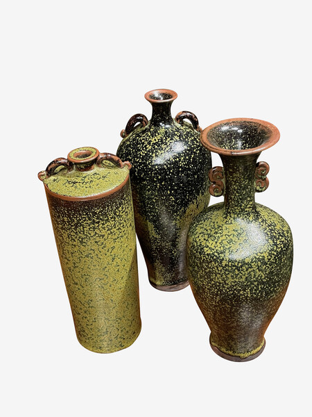 CONTEMPORARY CHINESE BLACK & GREEN SPECKLED VASES