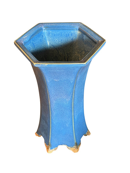 Contemporary Chinese Blue Glaze Hexagonal Shape Vase