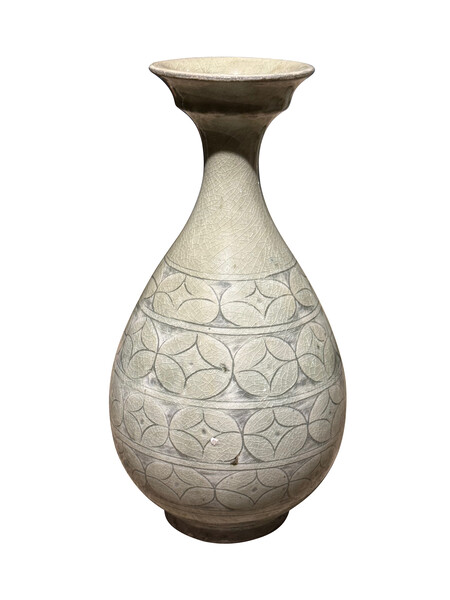 Contemporary Chinese Geometric Patterned Grey / Sage  Vase
