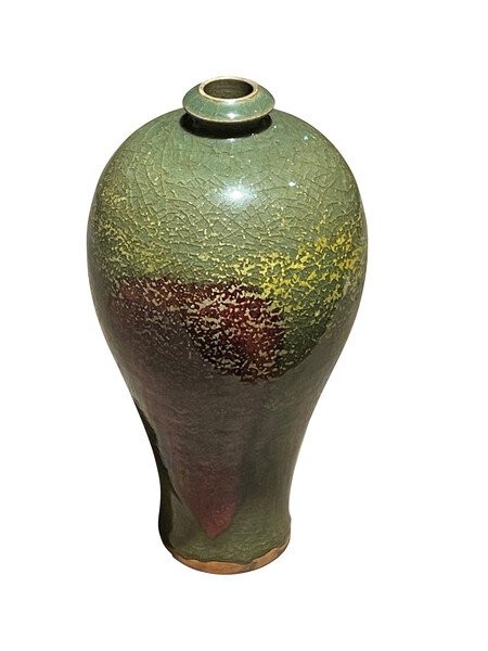 Contemporary Chinese Olive with Burgundy Accent Color Vase