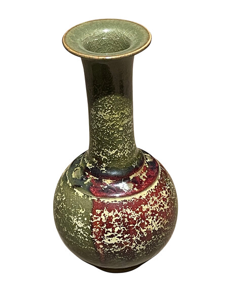 Contemporary Chinese Olive with Burgundy Accent Vase