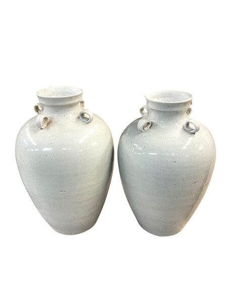 Contemporary Chinese Pair White Four Small Handled Vases