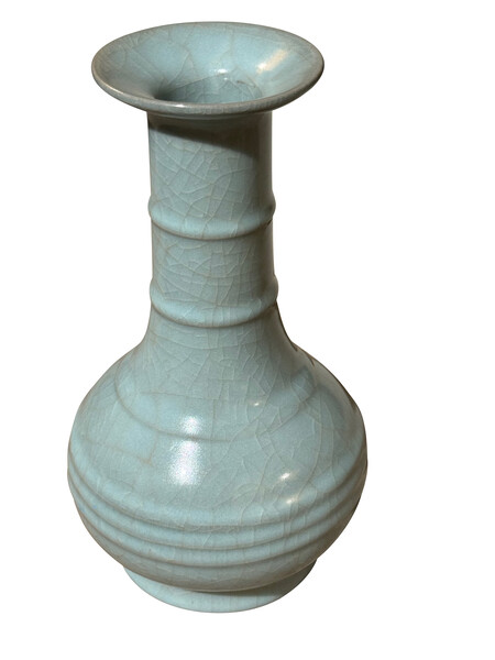 Contemporary Chinese Turquoise Glazed Ribbed Neck  Vase