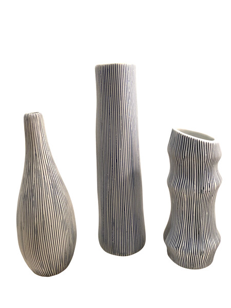Contemporary Thailand Thin Blue and Thin White Striped Slender Vases