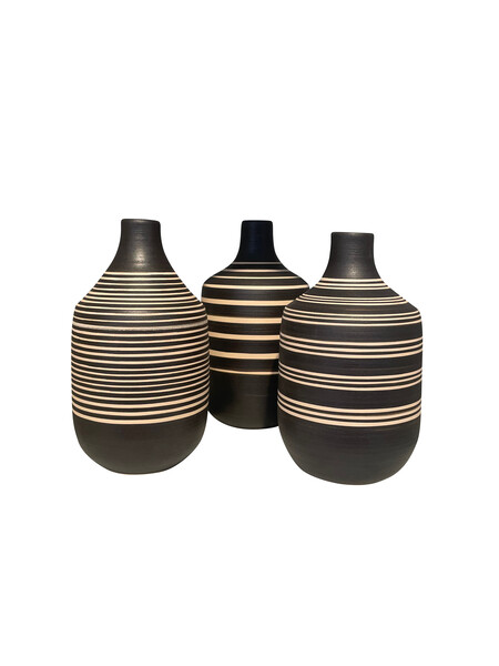 Contemporary Turkish Black & Cream Thin Striped Vase