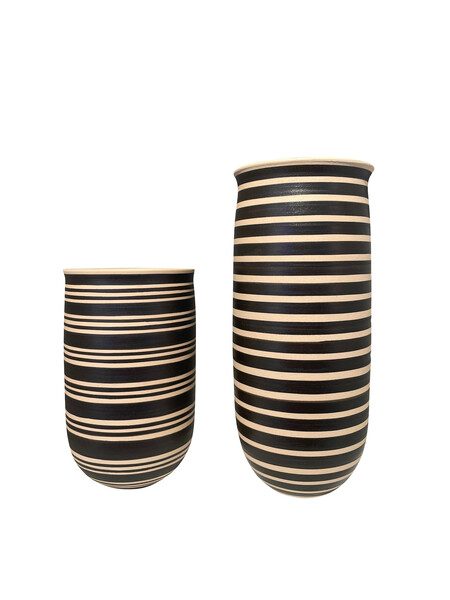 Contemporary Turkish Black & Cream Tall Wide Band Stripe Vase