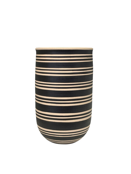 Contemporary Turkish Black & Cream Triple Band Stripe  Wide Opening Vase