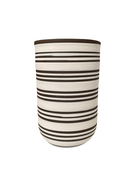 Contemporary Turkish Tall White Ground Triple Dark Brown Stripe Vase