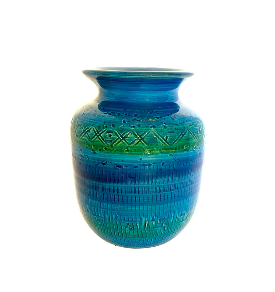 Mid Century French Bright Blue Geometric Design Vase