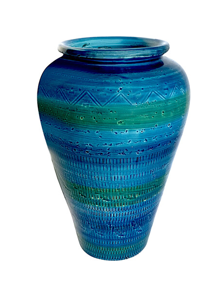 Mid Century French Bright Blue Geometric Design Tall Vase
