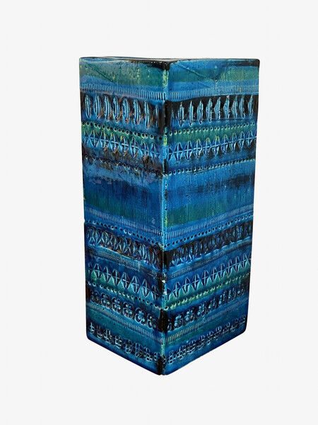 Mid Century French Tall Rectangular Geometric Pattern Blue Vase