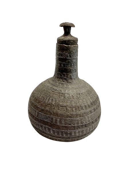 1950's Ethiopian Woven Raffia and Nickel Vase