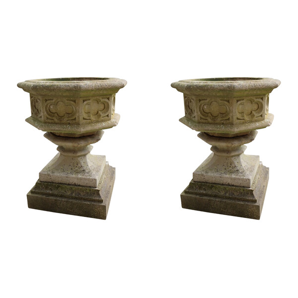 1920's English Pair XL Octagonal Gothic Stone Urns on Plinths