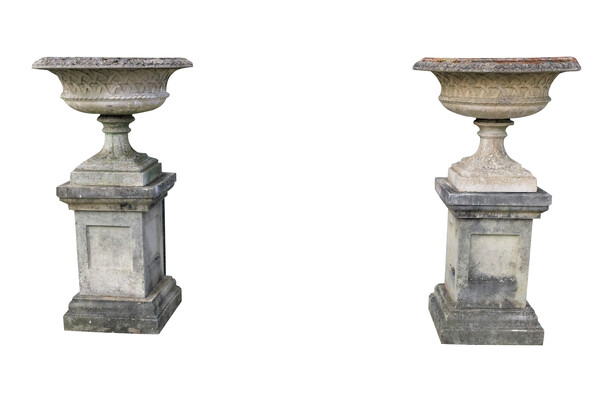1930's English Pair Stone Celtic Weave  Garden Urns on Plinths