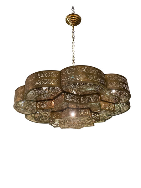 Contemporary Moroccan Multi Tiered Perforated Bronze Chandelier