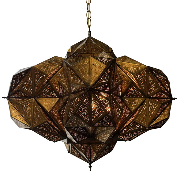 Contemporary Moroccan Pierced 3D Brass Pyramid  Shaped Chandelier