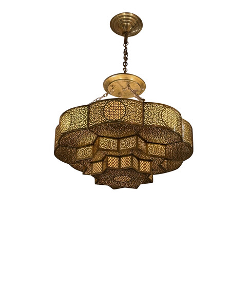 Contemporary Moroccan Three Tiered Star Shaped Pierced Brass Chandelier