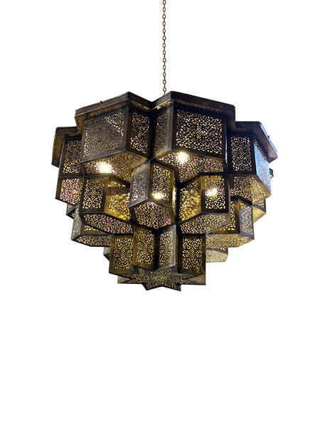 Contemporary Moroccan Three Tiered Perforated Brass Cubes Chandelier