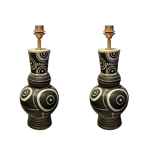 Contemporary Chinese Pair Black & Brown Tribal Design Lamps