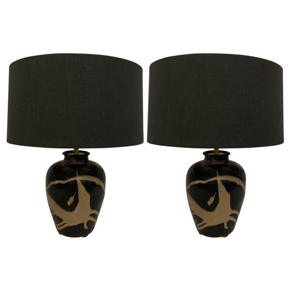 Contemporary Chinese Pair Black / Sand Abstract Pattern Lamps