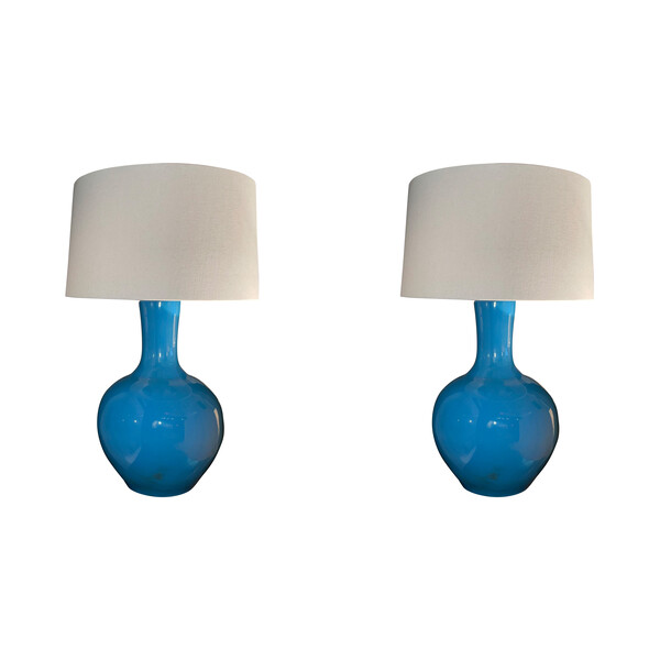 Contemporary Chinese Pair Blue Funnel Neck Ceramic Lamps