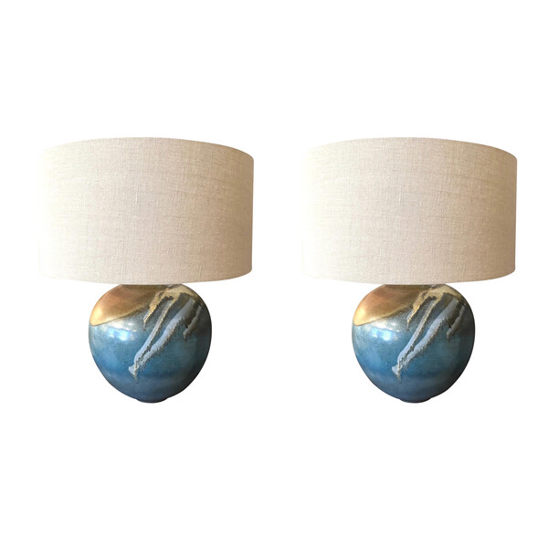 Contemporary Chinese Pair of Lamps with Blue Base and Abstract Metallic Design