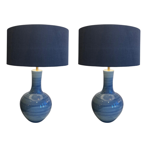 Contemporary Chinese Pair Blue Striated Pattern Lamps