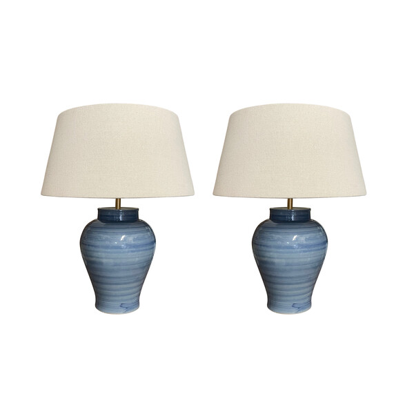Contemporary Chinese Pair Blue Striated Pattern Lamp