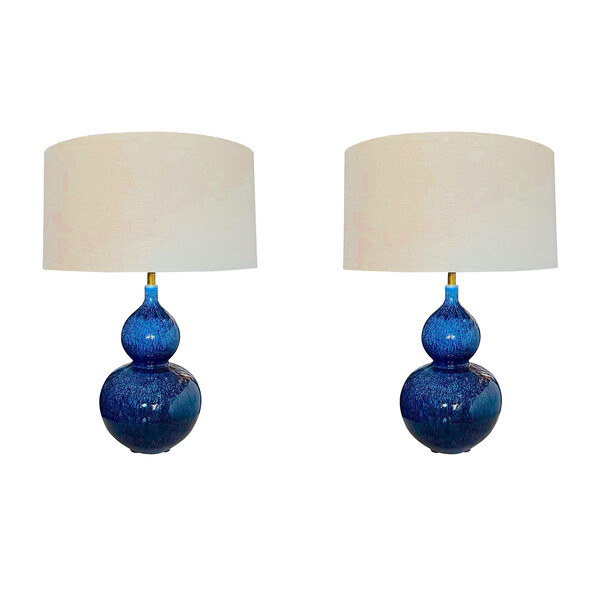Contemporary Chinese Pair Dark Blue Gourd Shaped Lamps