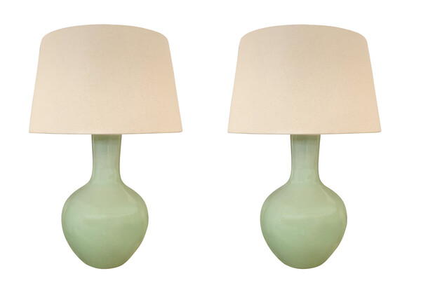 Contemporary Chinese Pair Funnel Neck Celadon Lamps