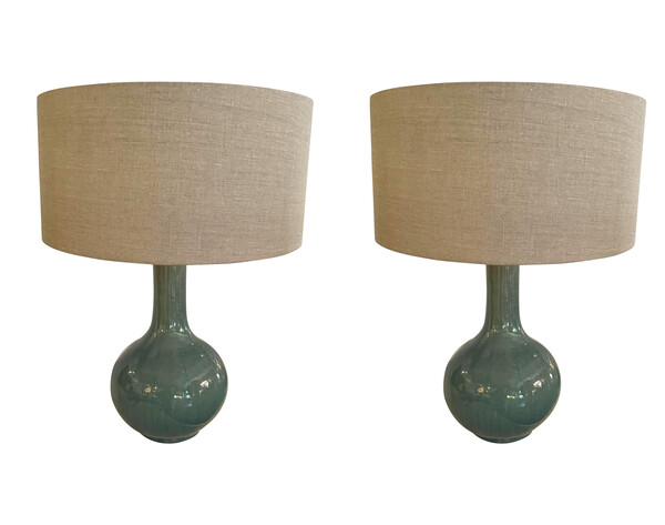 Contemporary Chinese Pair Funnel Neck Washed Turquoise Lamps