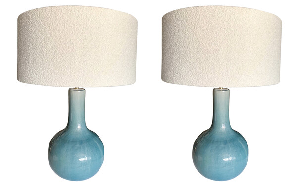 Contemporary Chinese Pair Funnel Neck Washed Turquoise Lamps