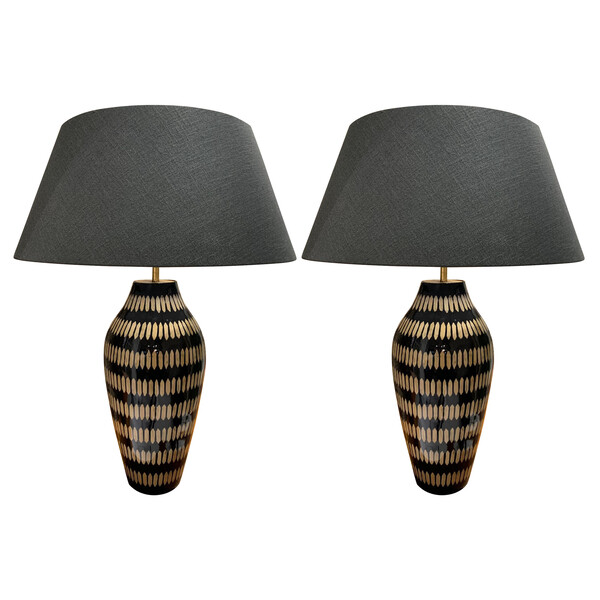 Contemporary Chinese Pair Laquered Bamboo Lamps