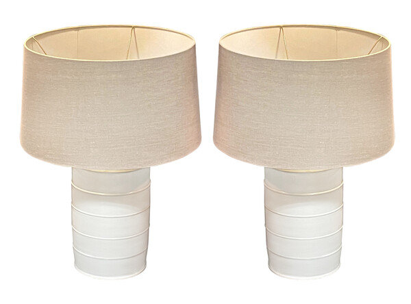 Contemporary Chinese Pair  Milk White Canister Lamps