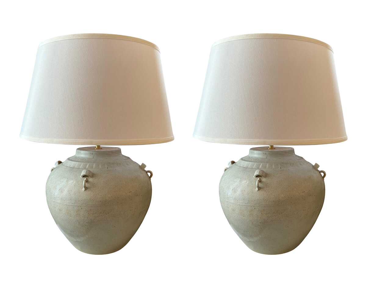 Balsamo Antiques | Contemporary Chinese Pair Pale Blue Textured Base Lamps - Textured Fibre Interior Lamps
