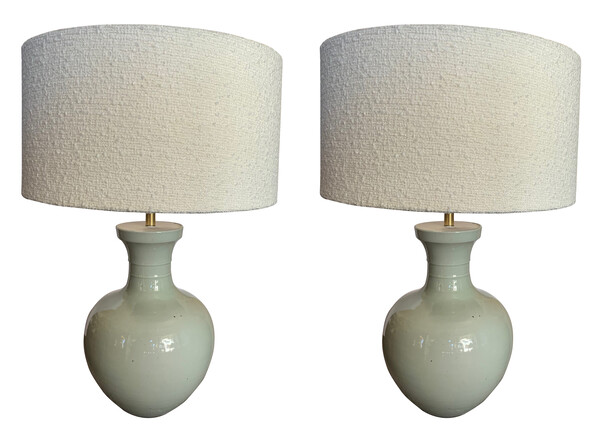Contemporary Chinese Pair Pale Celadon Lamps