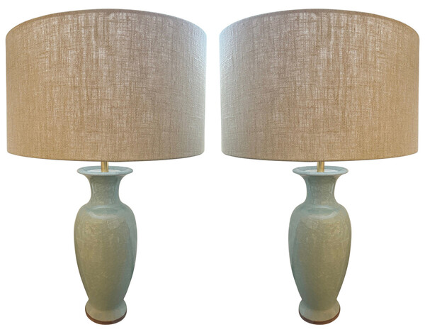 Contemporary Chinese Pair Pale Turquoise Crackle Glazed Lamps