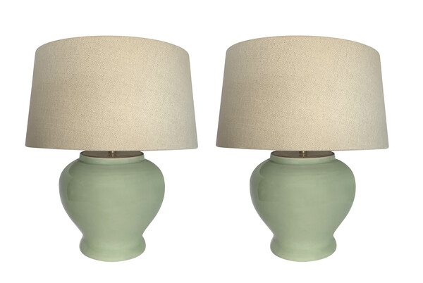 Contemporary Chinese Pair Small Ginger Jar Shaped Celadon Lamps