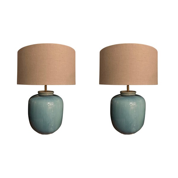 Contemporary Chinese Pair Washed Turquoise Barrel Shaped Lamps