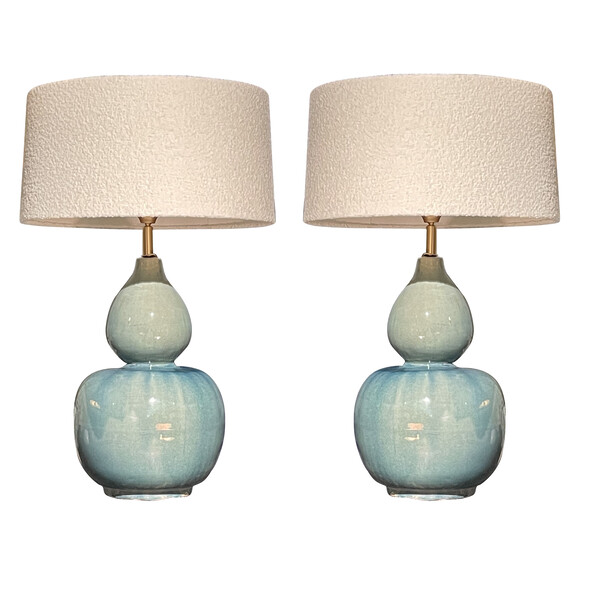 Contemporary Chinese Pair Washed Turquoise Gourd Shaped Lamps