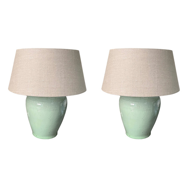 Contemporary Chinese Pair Pale Celadon Lamps