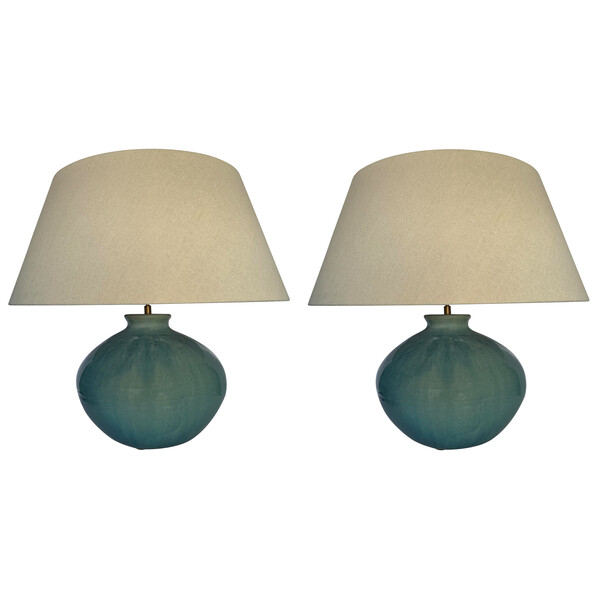 Contemporary Chinese Pair Washed Turquoise Lamps