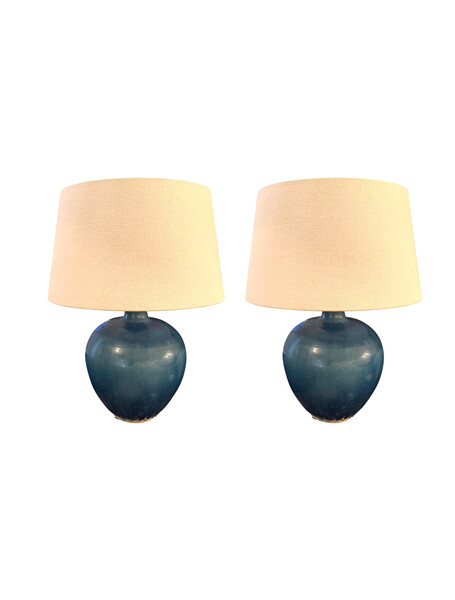 Contemporary Chinese Pair Deep Blue Glazed Lamps